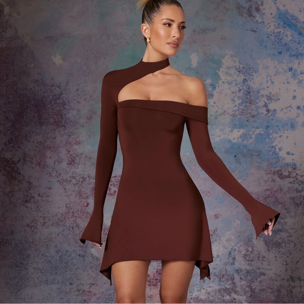 Oh Polly brown asymmetric mini dress